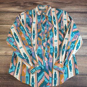 Vintage 1993 Women's Button Up Shirt Western Aztec Long Sleeve Pockets SZ Medium